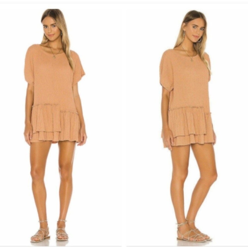 Free People Beach Marni Tunic Dress XS Brown  Gauze Crinkle Ruffle Oversized Top